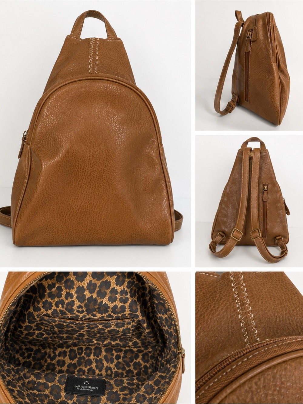 Liz Claiborne Brown Leather Mini Backpack Leopard Lined Zip Bag Purse